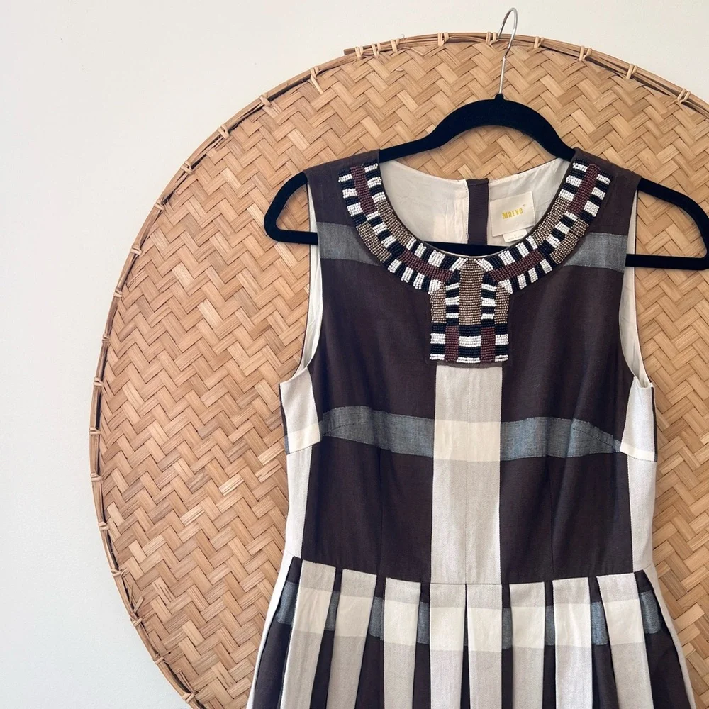 ANTHROPOLOGIE MAEVE BROWN PLEATED FIT & FLARE BEADED NECKLINE IVY‎ LEAGUE DRESS - Picture 7 of 15